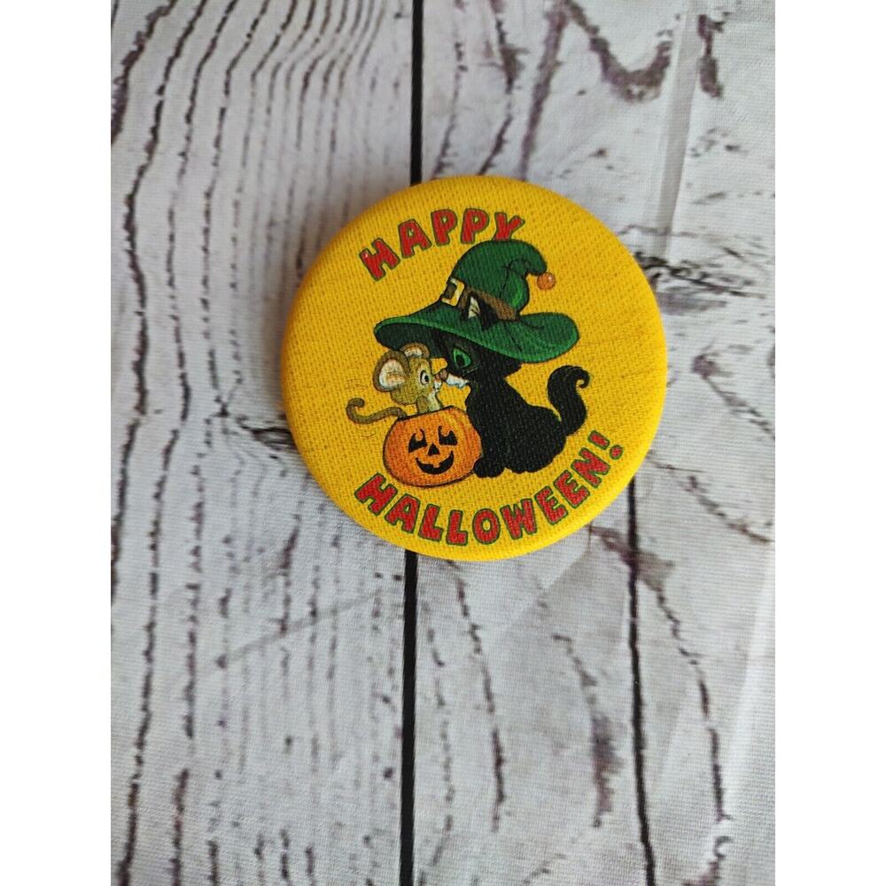 Vintage 1980's Hallmark Happy Halloween Black Cat Pumpkin Mouse Pin Button